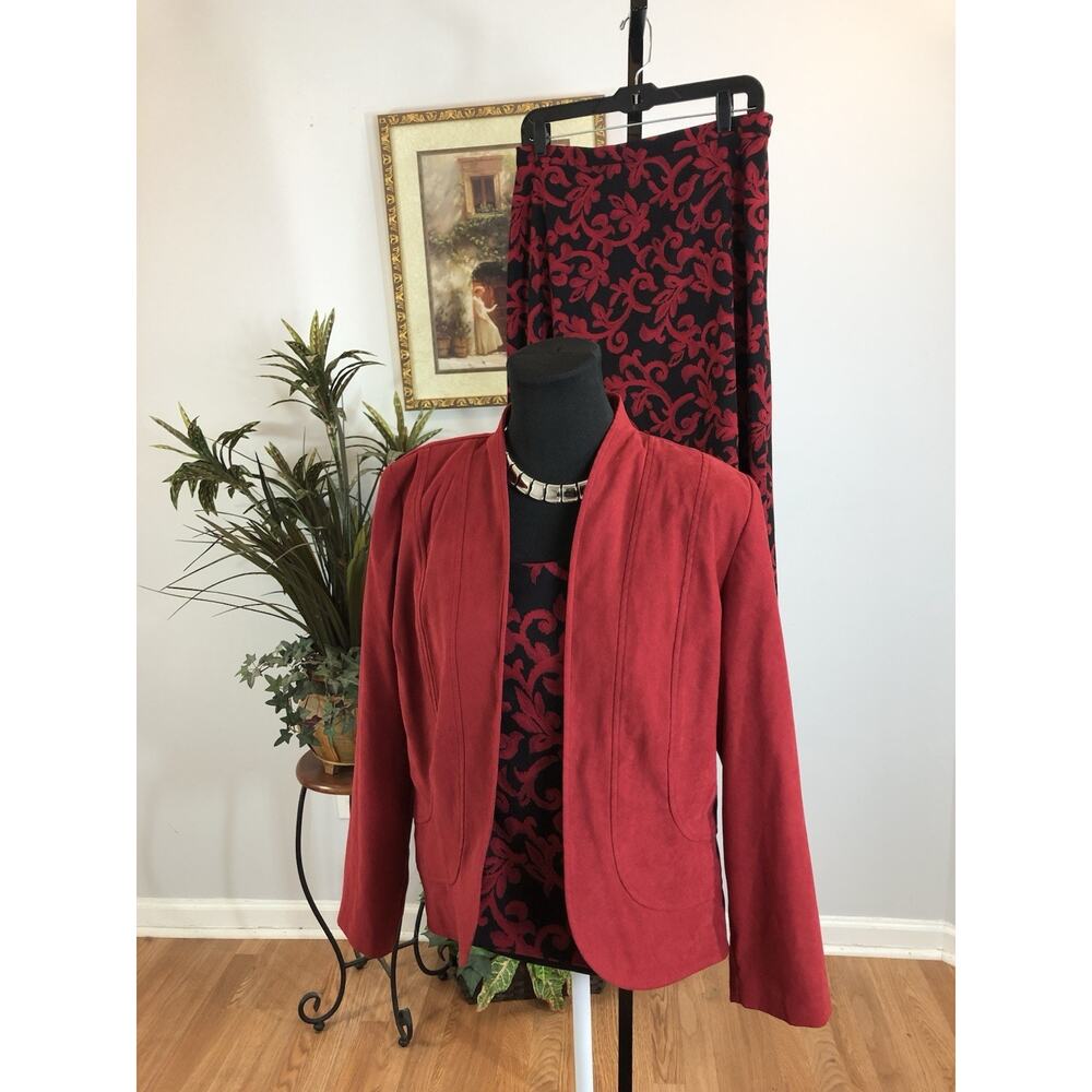 KS Collection Skirt Suit 3 Pc Set‎ Women’s 12P Red & Black Long Sleeve Open